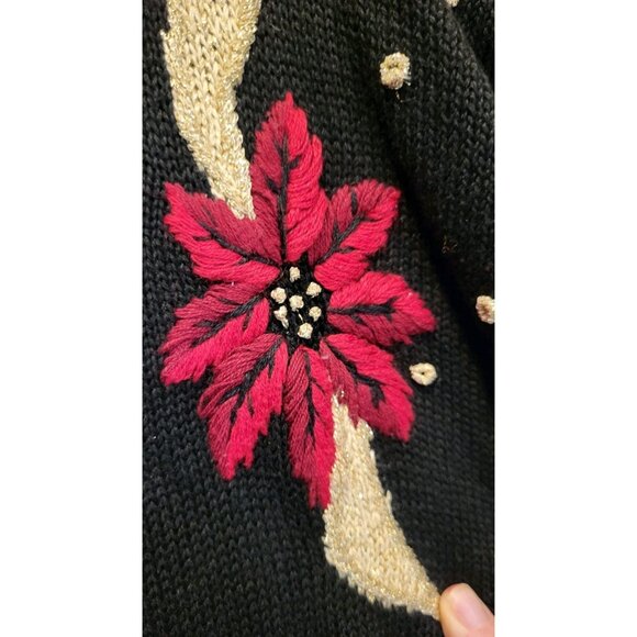 Vtg DressBarn Black Gold Red Embroidered Pointsetta Holiday Cardigan Sweater 24 - Picture 4 of 7
